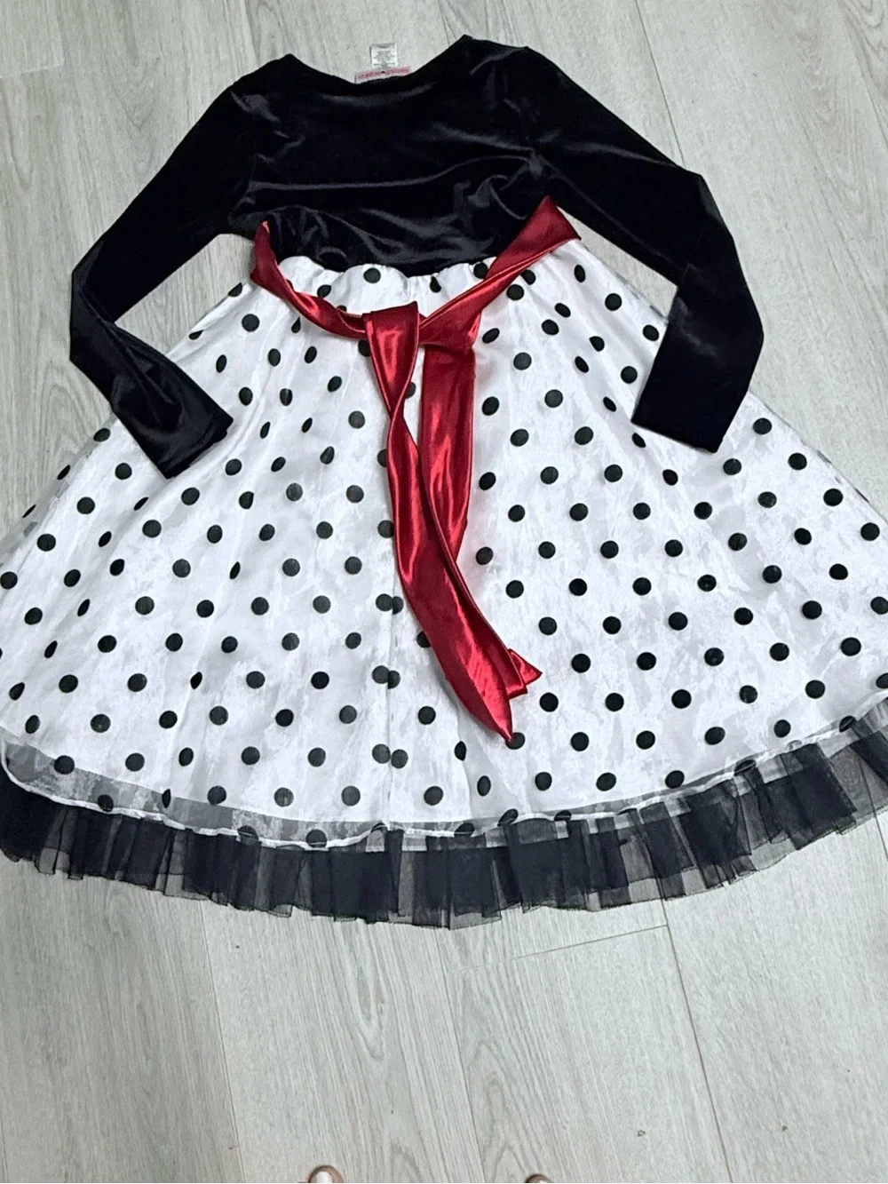 Emily West Black Velvet & White Polka Dot Party Dress with Berry Sash